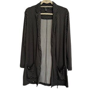 Robert Louis Open Front Cardigan Womens Grey Black Herringbone Long Sweater Sz M